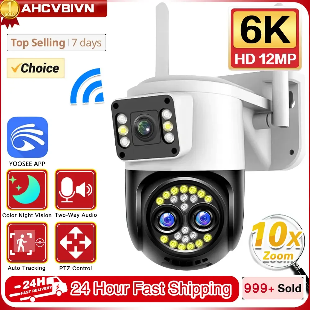 

12MP 6K WiFi PTZ Camera 10X Zoom Three Lens Dual Screens Security IP Camera Waterproof Human Detection Color Night Vision ccam