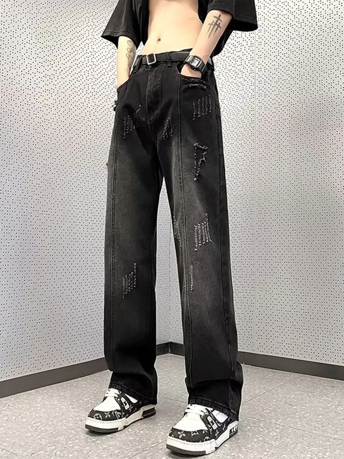 Black Worn-Out Men's Jeans Spring Trendy Loose Straight-Vibe High Street Hole Wide Leg Pants Youth Casual Wear Spring Season