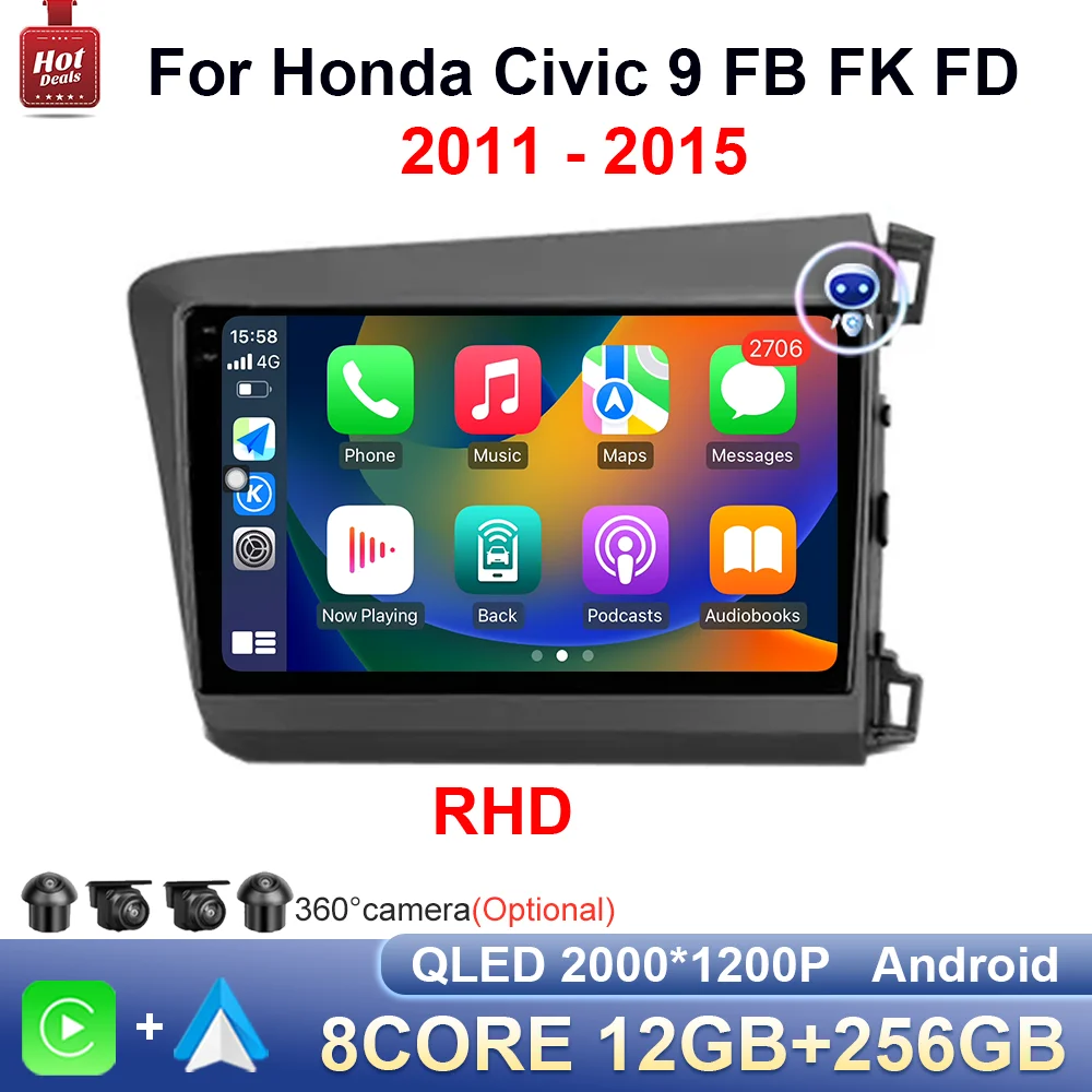 DSP Stereo Android OS GPS Navigation For Honda Civic 9 FB FK FD 2011 - 2015 Right Hand Drive Screen Car Audio Multimedia Player