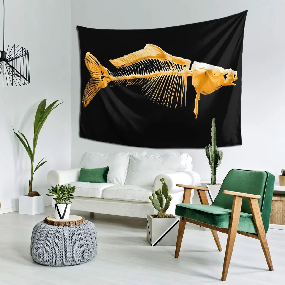 Golden Fish Skeletons Tapestry Funny Wall Hanging Aesthetic Home Decor Tapestries for Living Room Bedroom Dorm Room