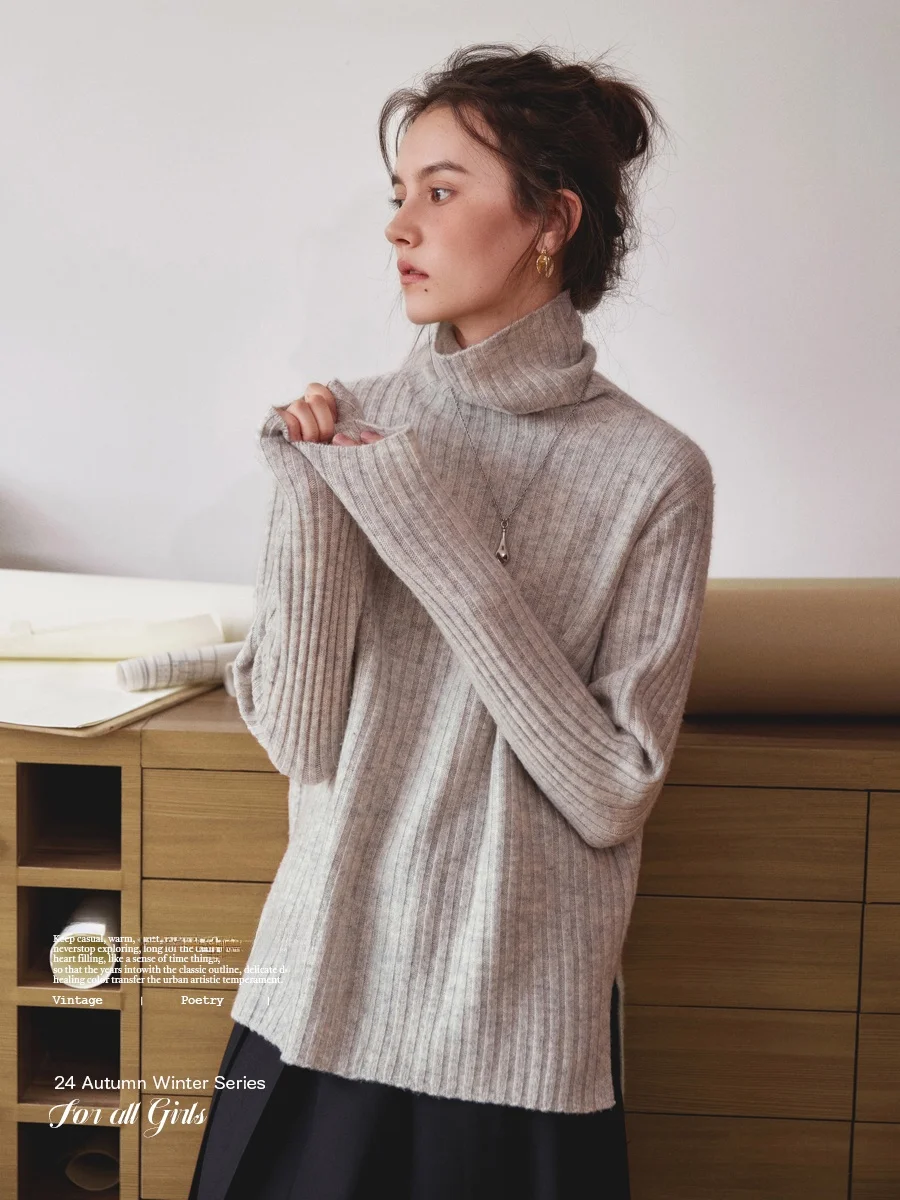 

Soft Skin-Friendly High-Ne Sweater Lazy Self-Consistent Loose Knitted Woolen Top for Autumn Winter Layering Commute Sle