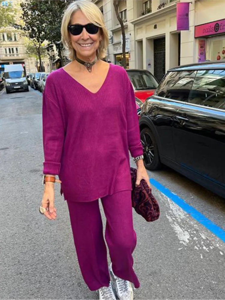 

For Women Casual Loose Two Piece Sets Spring Summer Fashion V Neck Long Sleeve Solid Color Suit Woman Tops + Pants 2 Piece Set