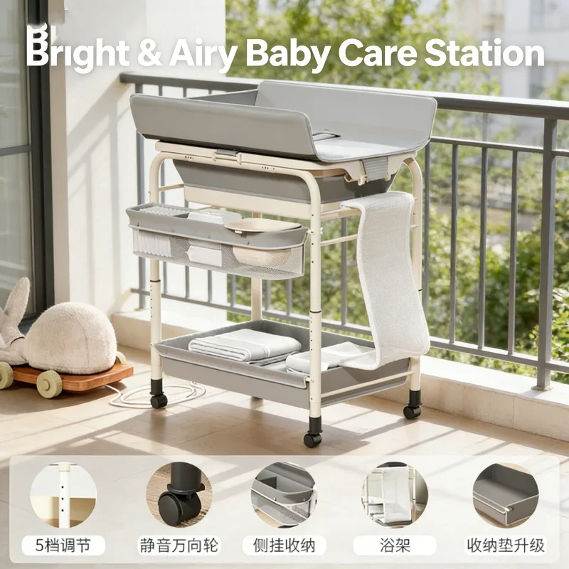 محطة تغيير حفاضات الطفل الفاخرة مع حوض الاستحمام للطي طاولة التمريض سلال جانبية تخزين الرف عجلات وغسل شبكة الرعاية 2-i