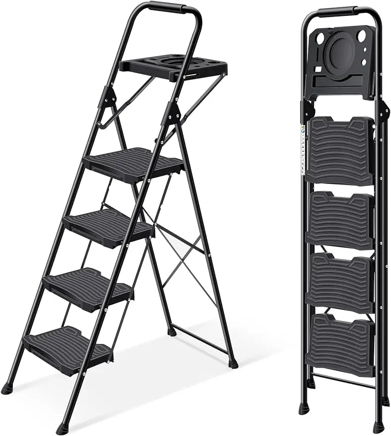 4 Step Ladder with Tool Platform, Sturdy Step Stool, Anti-Slip Wide Pedals Foldable Step Ladder Pass 900LBS Testing