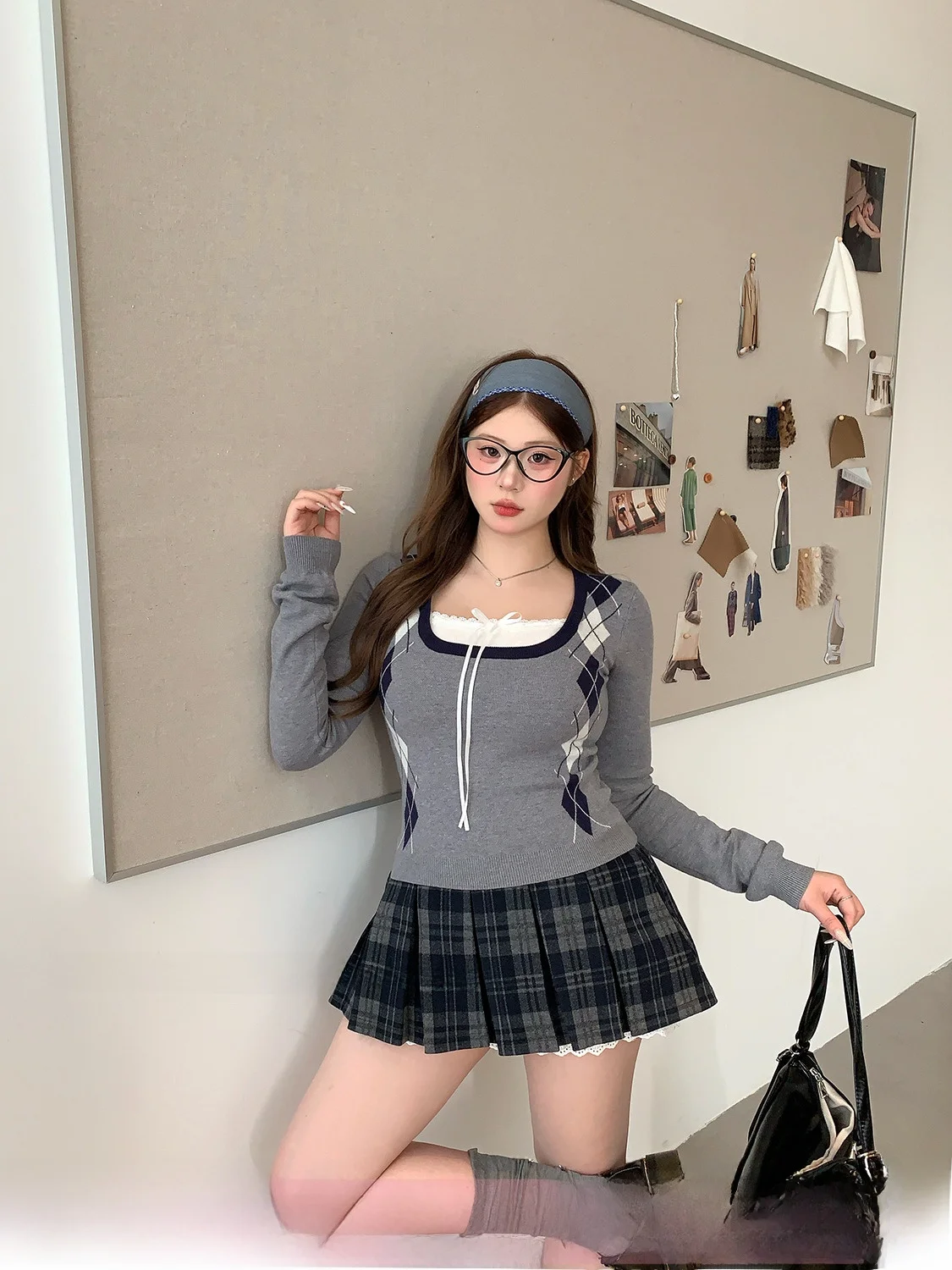 

Эффект для похудения SOUL, корейский комплект больших размеров с клетчатым верхом и юбкой, женский осенний модный повседневный костюм, ансамбль