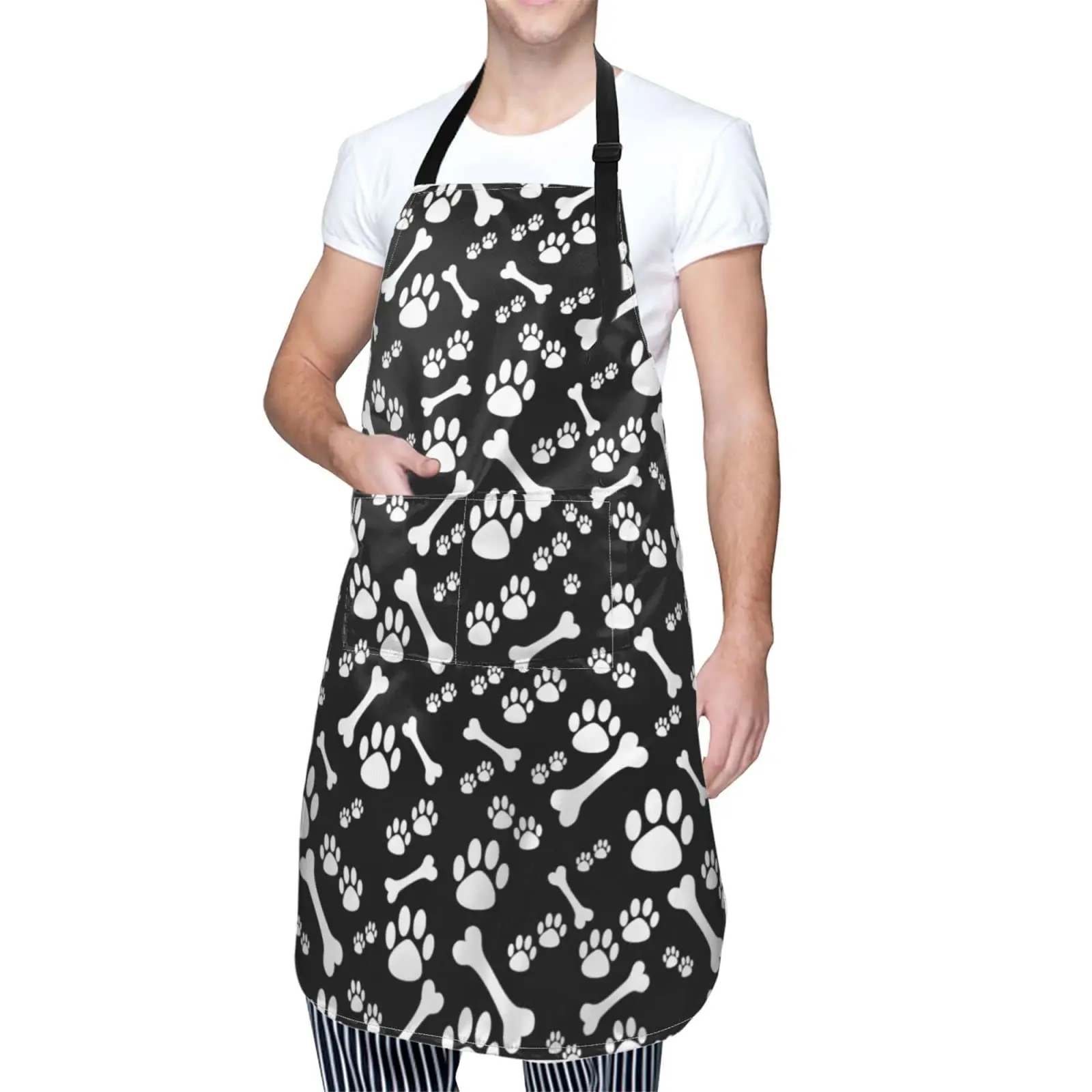 

Dog Paw and Bone Waterproof Bib Apron with 2 Pockets, Adjustable Kitchen Chef Apron for Men Women Cooking Grooming Bbq