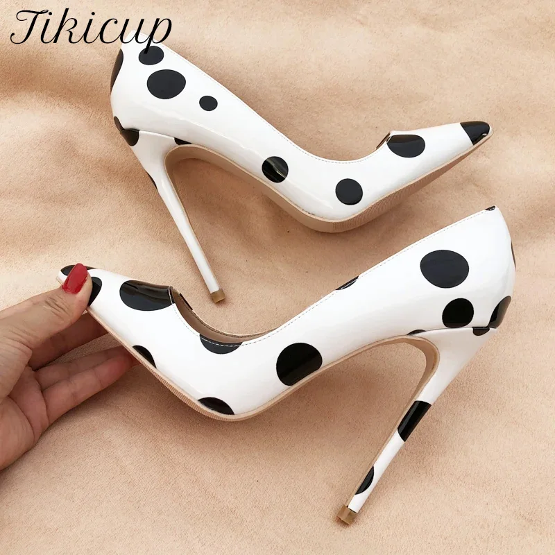 

Tikicup White & Black Polka Dot Pointed Toe Stiletto High Heels Elegant Patent Pumps for Women,Perfect for Party &Evening Wear