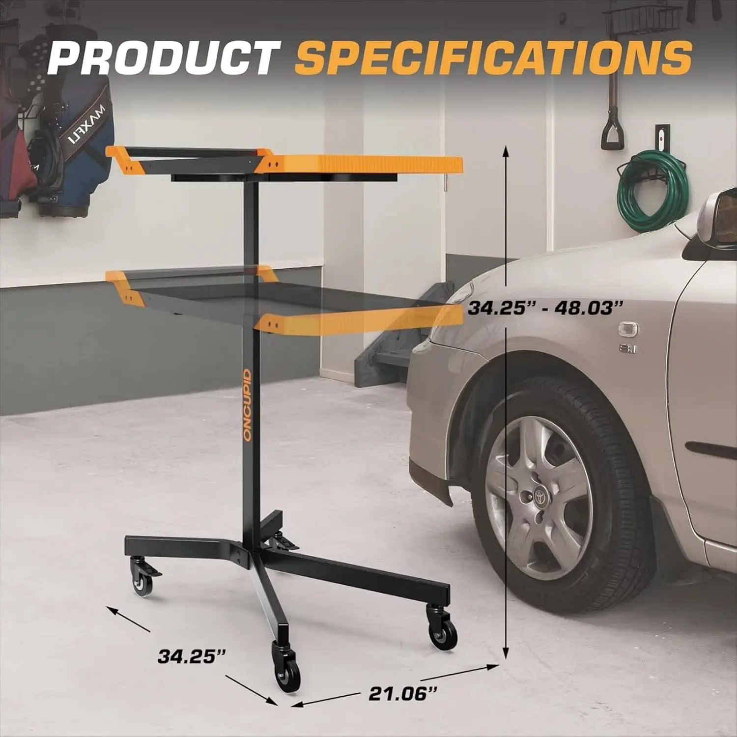 Mobile Work Table Adjustable Height Workbench Wheels Orange Heavy Duty 8 Height Settings Drills Storage 4 Wheels 2 Locking Garag