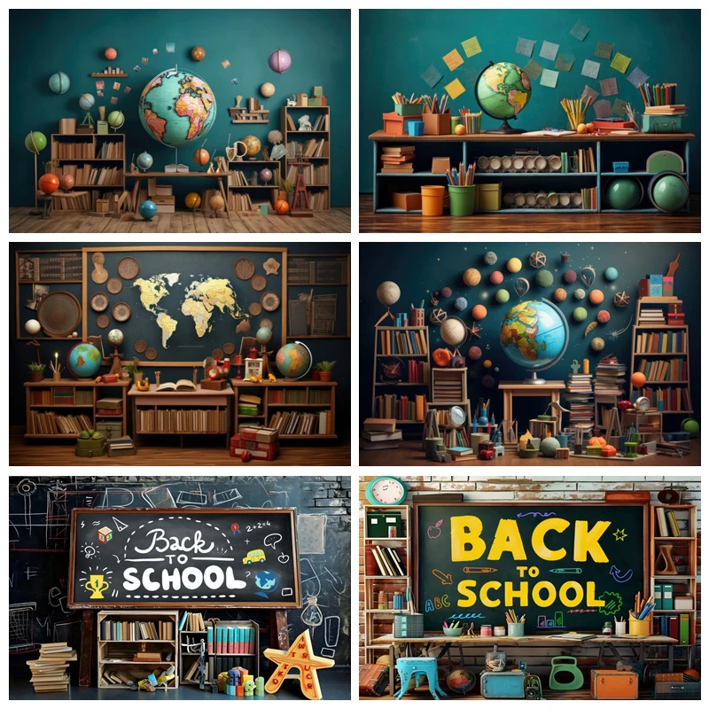 Back To School Photography Backdrop Bookshelf Books Desk Black Chalkboard Globe Pencil Book Classroom Students Photo Background