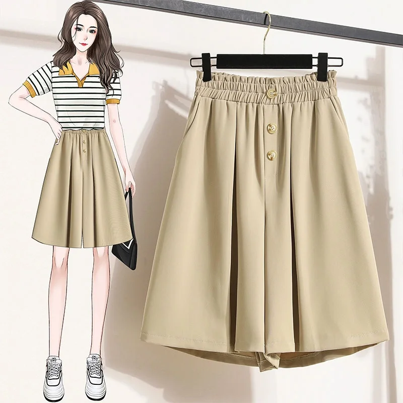 High Waist Wide Leg Pants Thin Five-Point Pants Suit Shorts Women's plus Size Loose Slimming Casual Trousers Commute Style