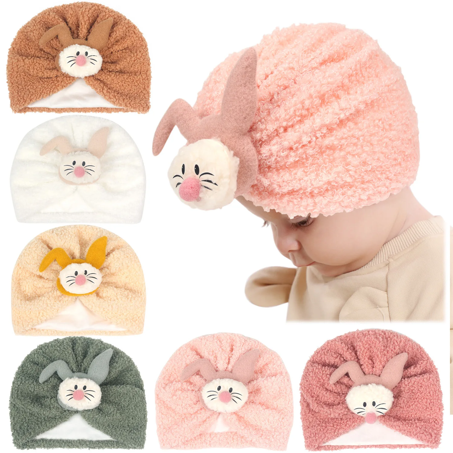 

New Girls Autumn Winter Coral Fleece Bow Turban Newborn Head Wraps Solid Color Cartoon Bunny Bonnet Caps Baby Teddy Turbans Kids