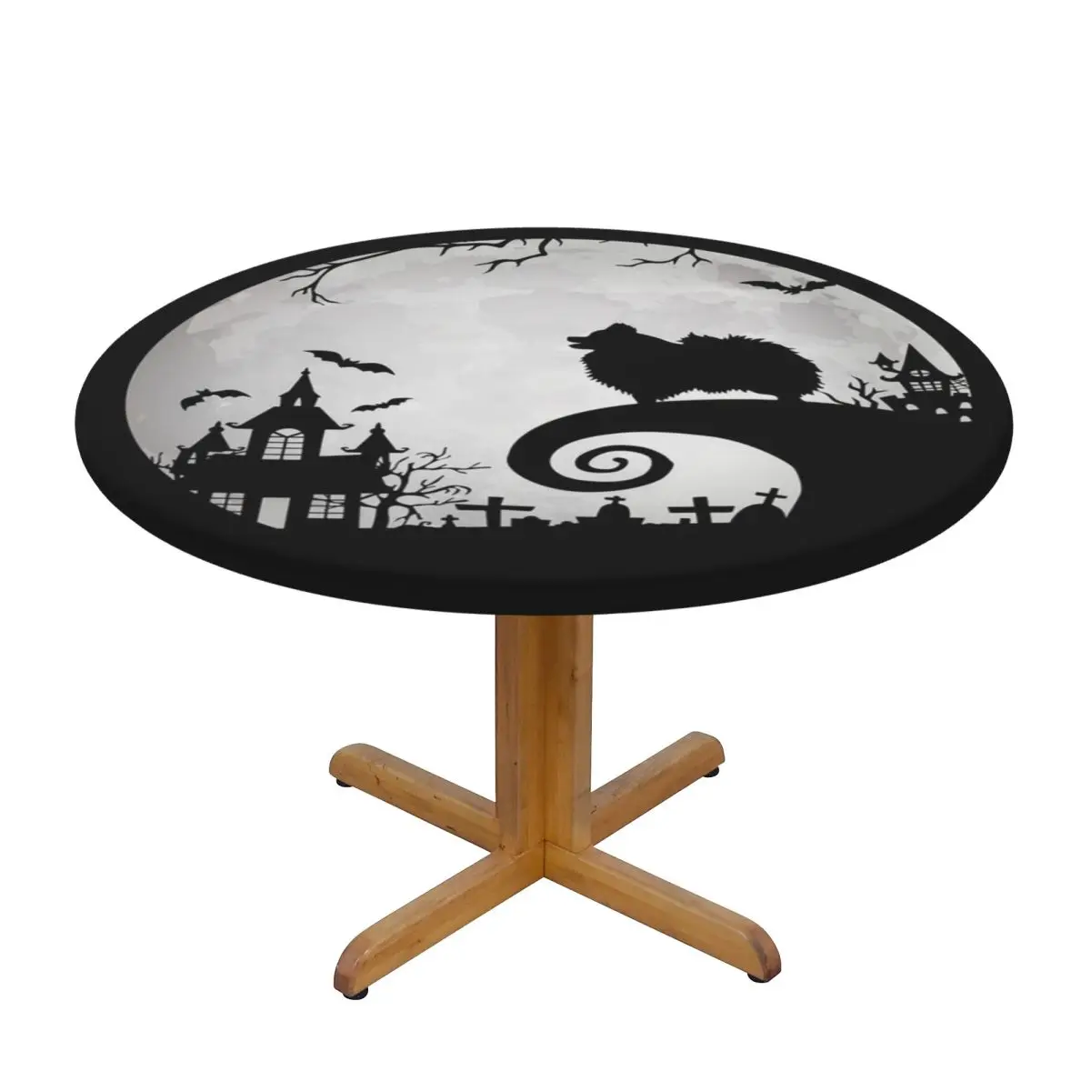 Pomeranian Dog And Moon Halloween Waterproof Round Tablecloth Oilproof Table Cloth for Kitchen Events Dining Table Cover