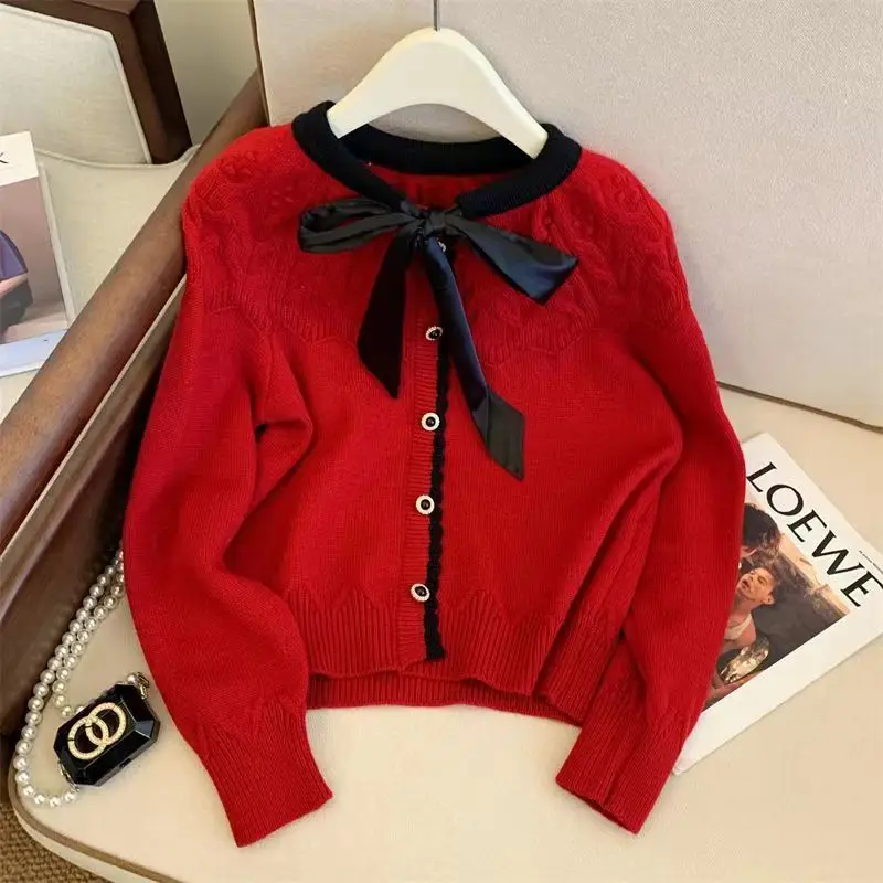 

Нежный стильный вязаный свитер с завязками и бантом для женщин, весенне-осенний свободный утягивающий кардиган с длинными рукавами, милый модный свитер, топ