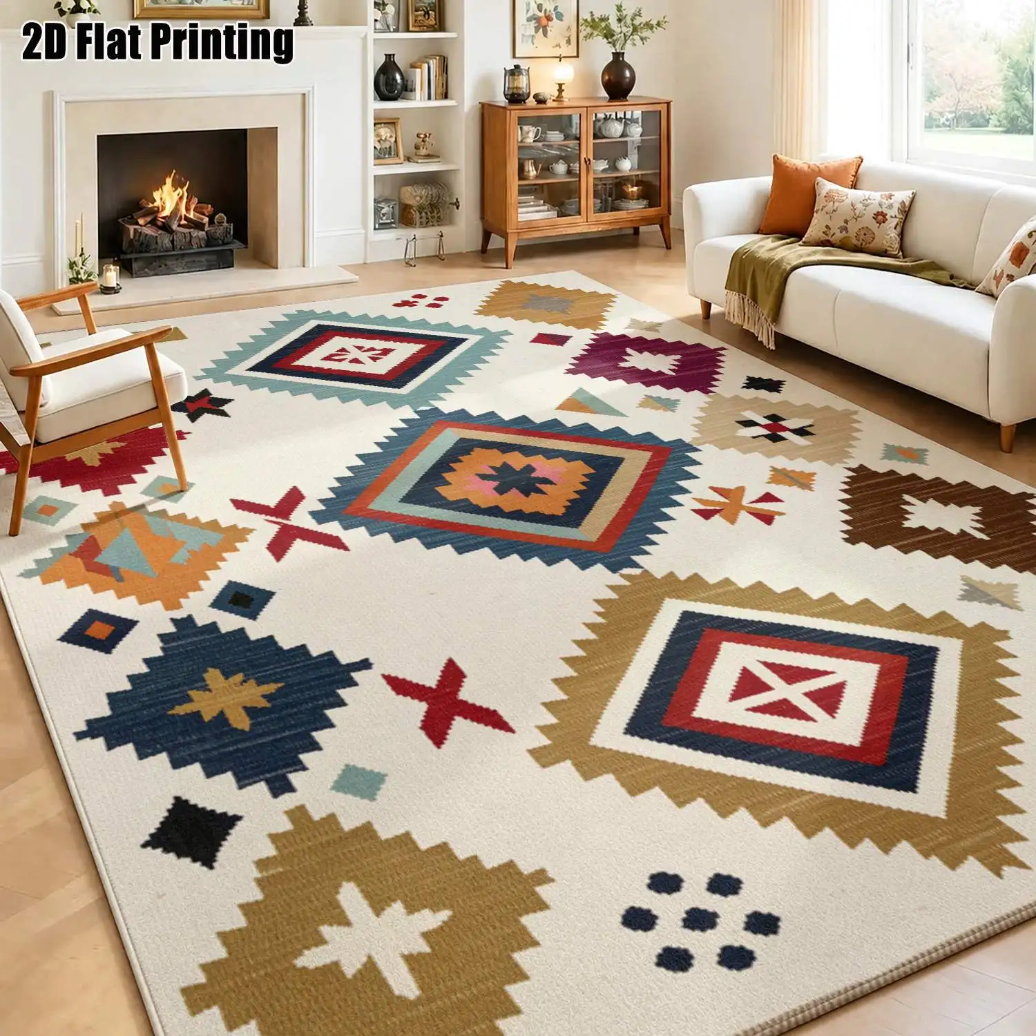 1Pc 2D Printed Colorful Geometric Ethnic Bohemian Vintage Carpet, Home Decor, Multi-Size, Machine Washable, for Entrance, Dining Room, Foyer, Study, Living Room, Bedroom