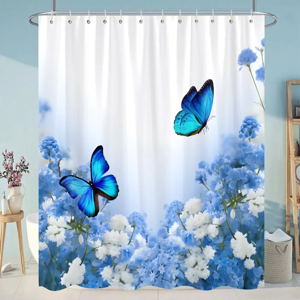 Botanical Floral Bathroom Curtains Tropical Green Leaf Butterfly Nature Landscape Polyester Fabric Shower Curtain Bathroom Decor