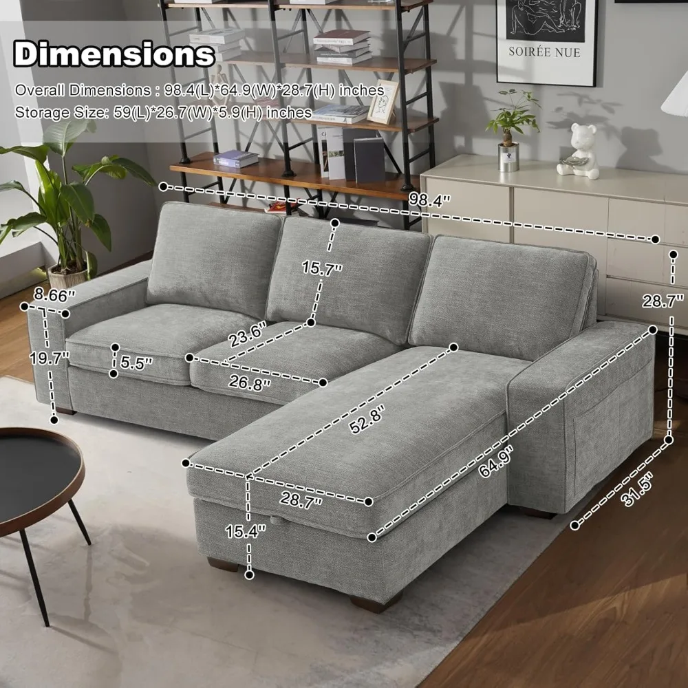 99” L-Shape Convertible Sectional Couches Sofas with 190L Storage Chaise Sofas with Removable Cushion and Detachable Cover