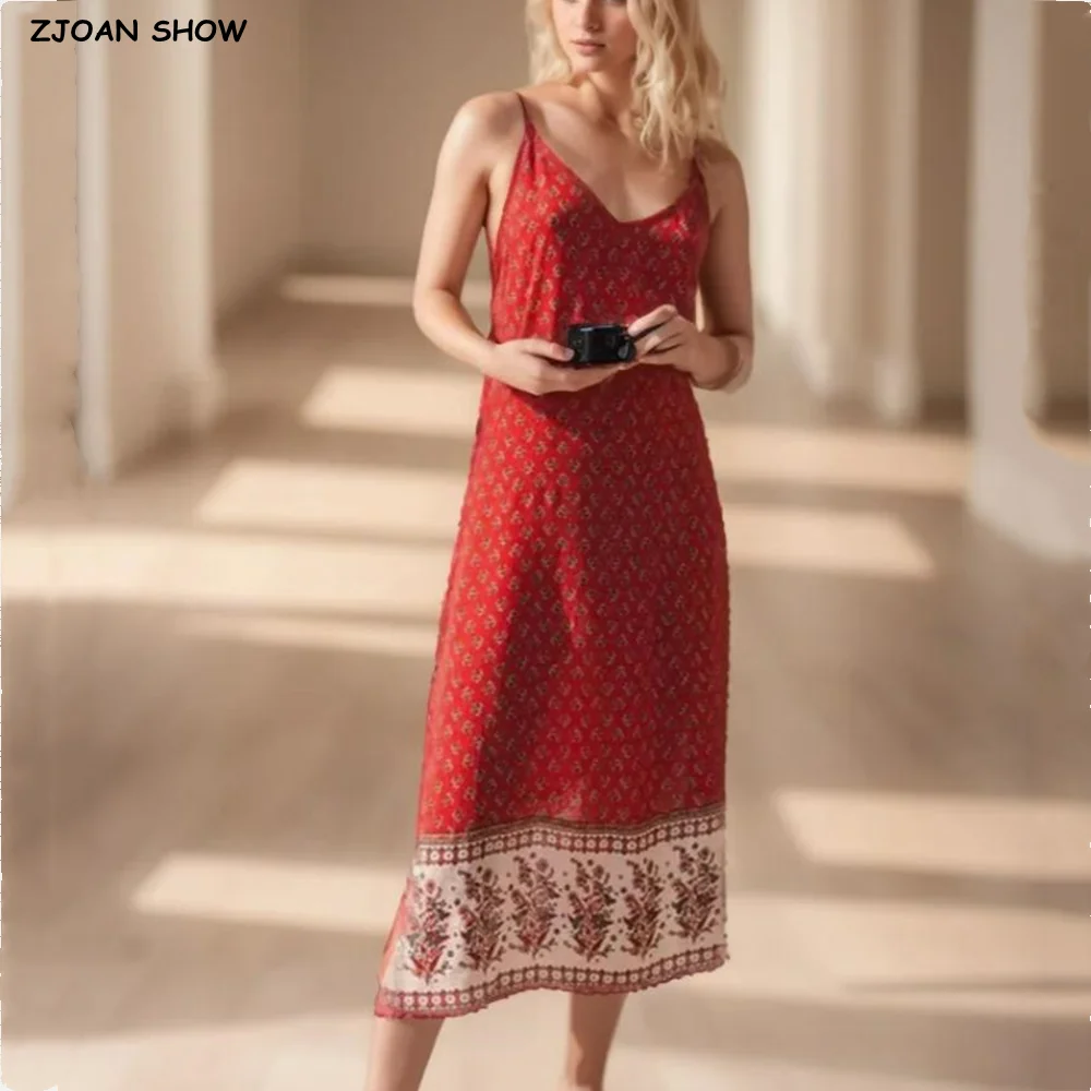 BOHO V neck Paisley Floral print Sling Dress Summer Holiday Woman Side Slit Spaghetti Strap Midi Long Dresses Beach Robe Vestido