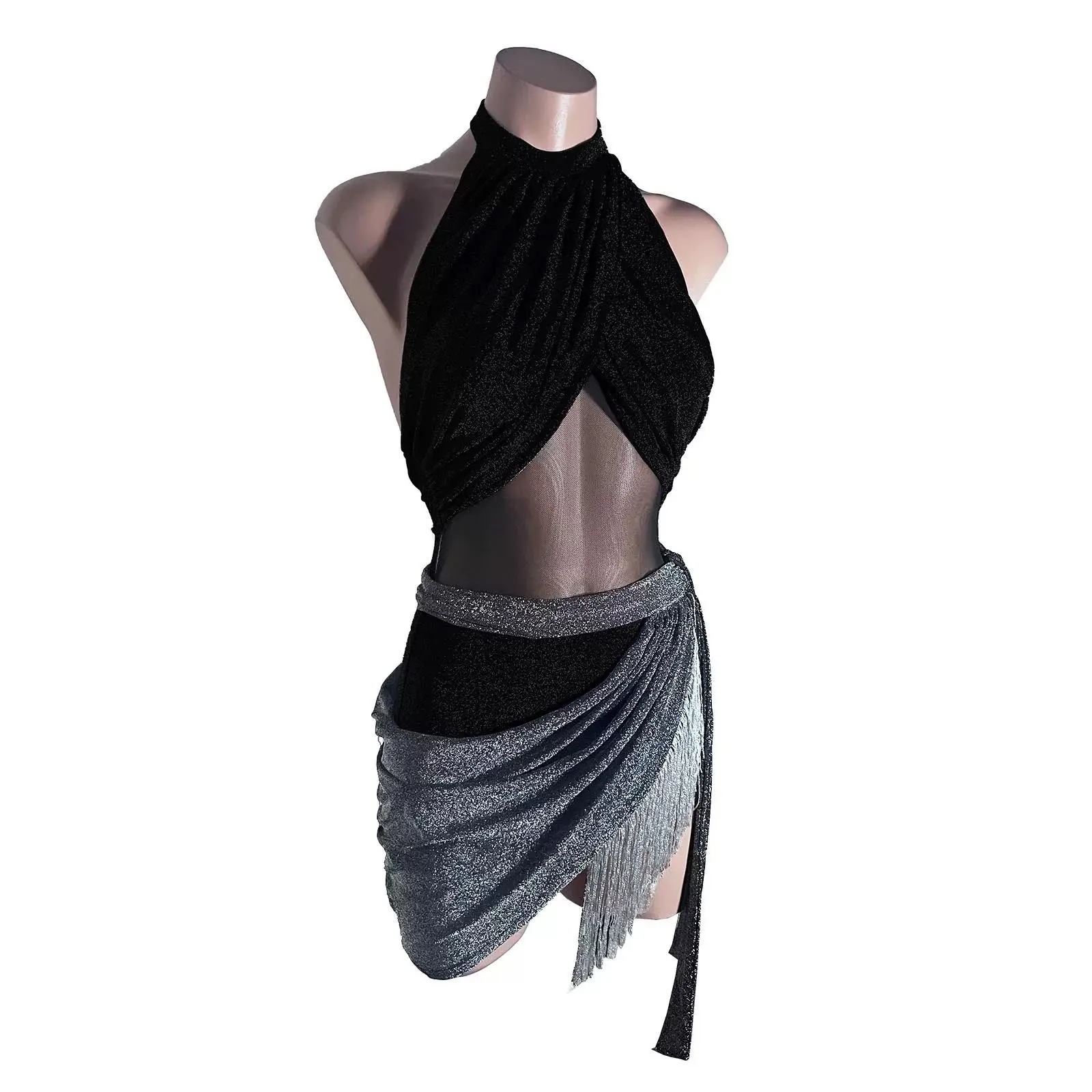 Women Latin Dance Dress Suit Shiny Sleeveless Backless Top Fringed Skirt Samba Chacha Rumba Ballroom Training Performance Set
