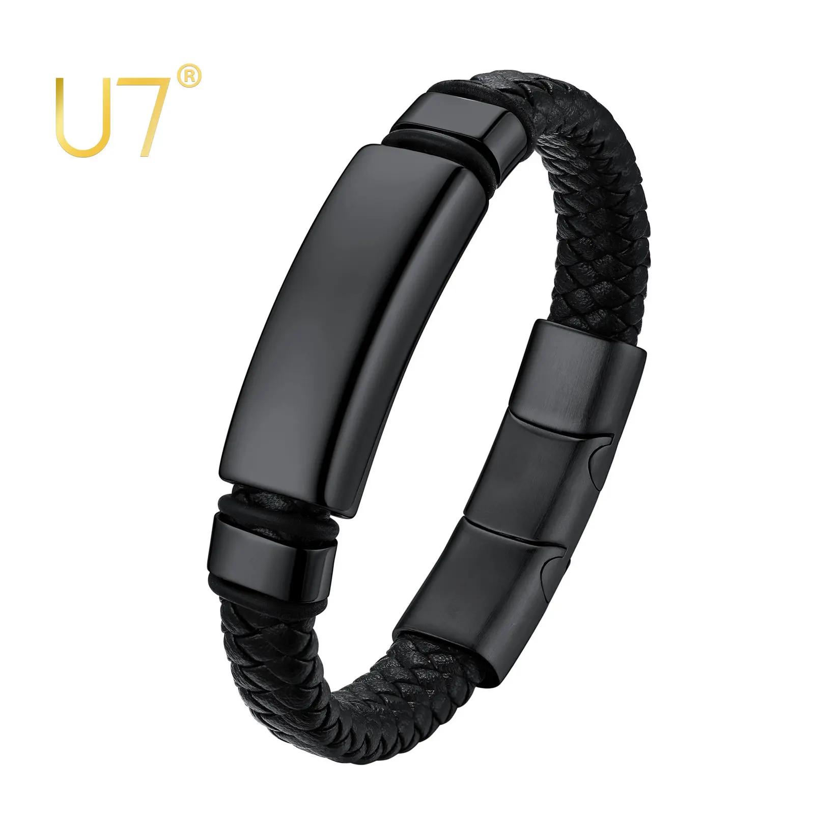 

U7 Leather Cord Bracelet for Men Black Braided Wax Wrap with Stainless Steel Magnetic Clasp Women's s