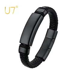 U7 Leather Cord Bracelet for Men Black Braided Wax  Wrap  with Stainless Steel Magnetic Clasp Women's s