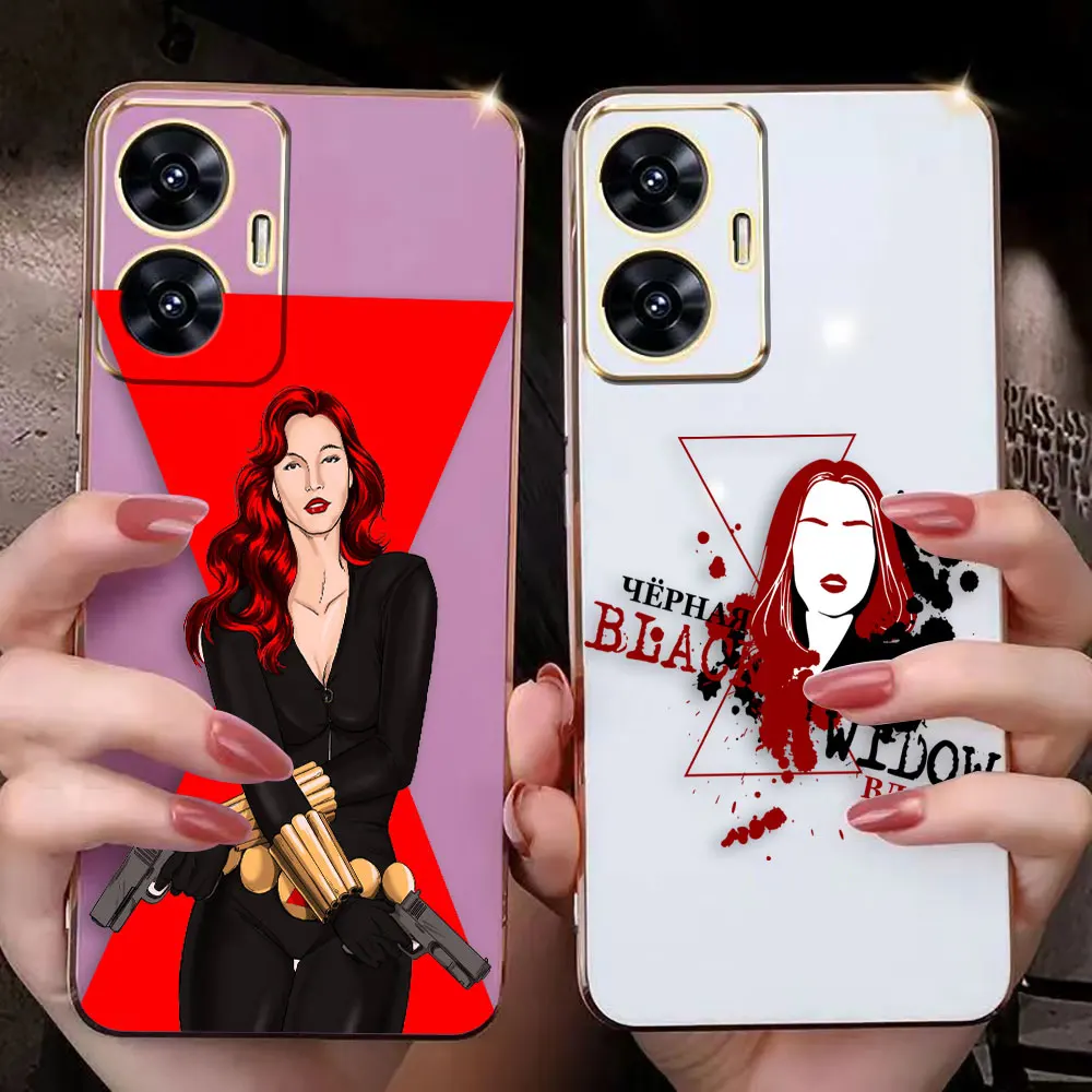 Cover Smooth E-TPU Phone Case For REALME GT 2 NEO3 MASTER 7 8 8I 9 9I 10 11 PRO C21Y C30 5G Case Cartoon Beautiful Black Widow