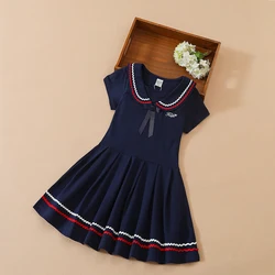 Girls Dress School Uniform Turn-down Collar Dresses 5-12 Years Children's Preppy  Clothing Kids Summer Short Sleeves Clothes