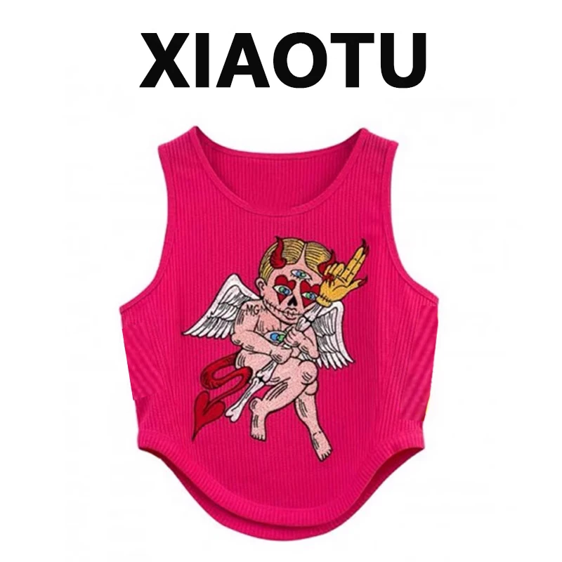 Sleeveless Top Women's Rose Red Cartoon Embroidered Summer Camisole Pullover Round Neck Slim Fit Fashion All-Match Korean Style