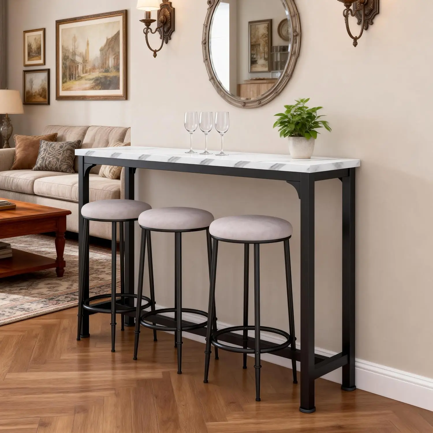Bar Table Set for 3, 4 Piece Console Table with 3 Stools, Counter Height Kitchen Table Set with 3 Chairs for Breakfast Nook, Liv view 3