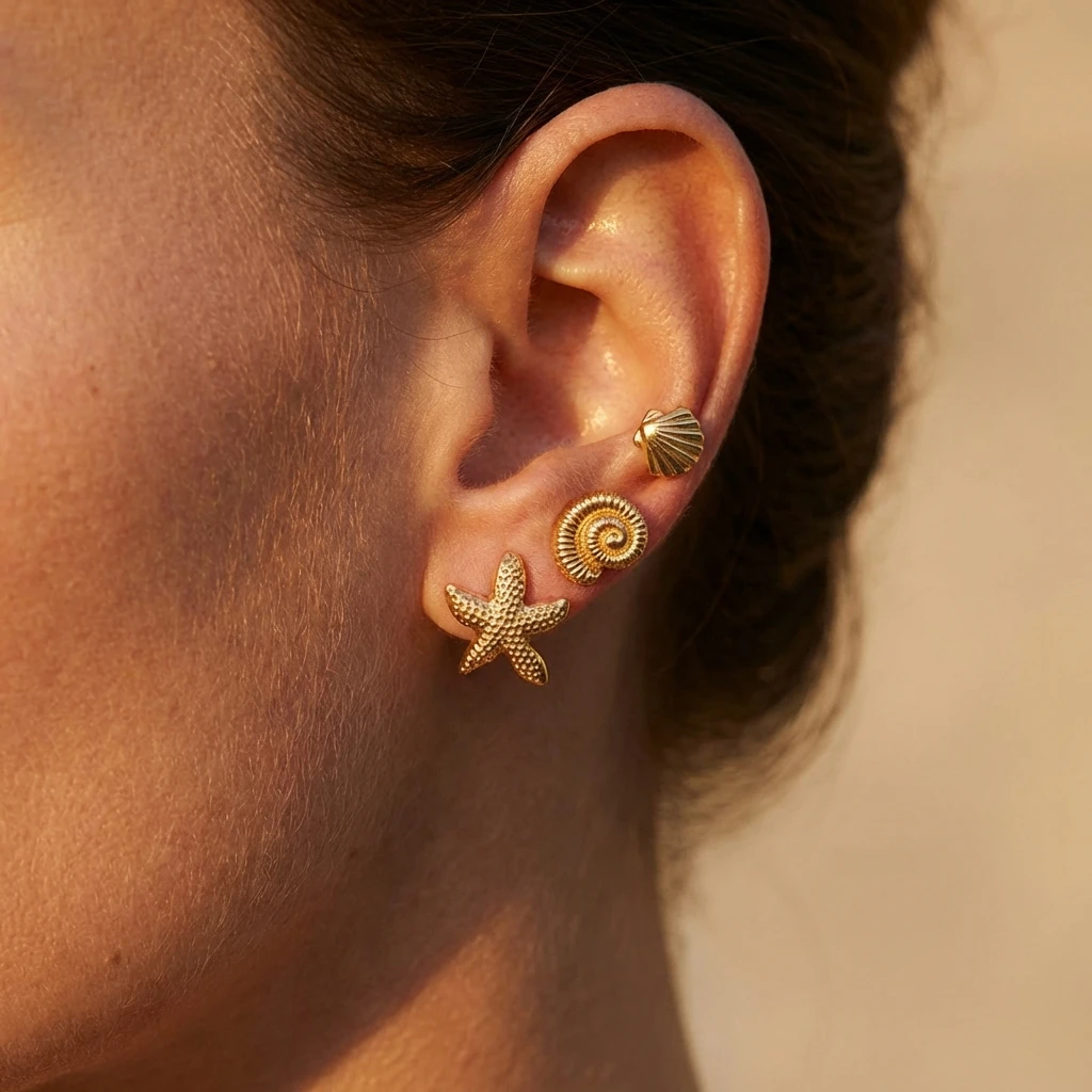 

Summer Beach Gold Color Starfish Shell Stud Earrings Set for Women Minimalist Textured Flower Earrings Jewelry Accessories