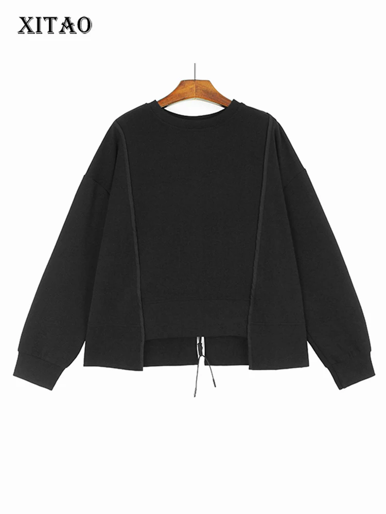 

XITAO O-neck Patchwork Zippers Sweatshirt Irregular Solid Color Pullover Simplicity Loose All-match Women Street Trendy DMJ3740