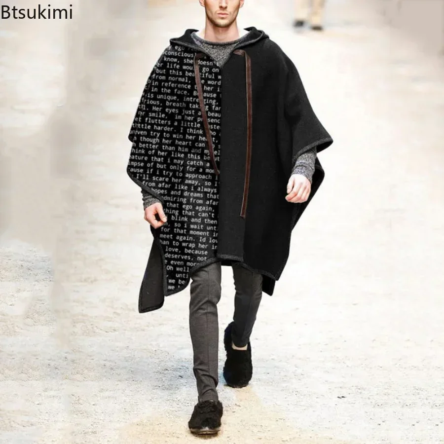 Neue 2025, Männer Herbst Winter Schal Jacken Vintage Nationalen Muster Gedruckt Woolen Poncho Mit Kapuze Mäntel Männlichen Lose Cape Outwear