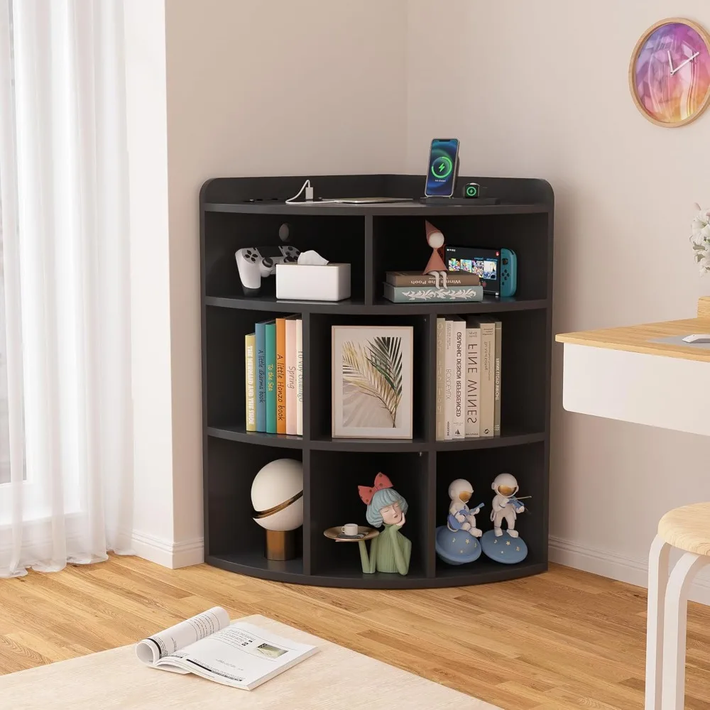 

Corner Cabinet with Charging Station, 3-Tier Cube Storage Organizer with USB Ports and Outlets, Triangle Bookcases