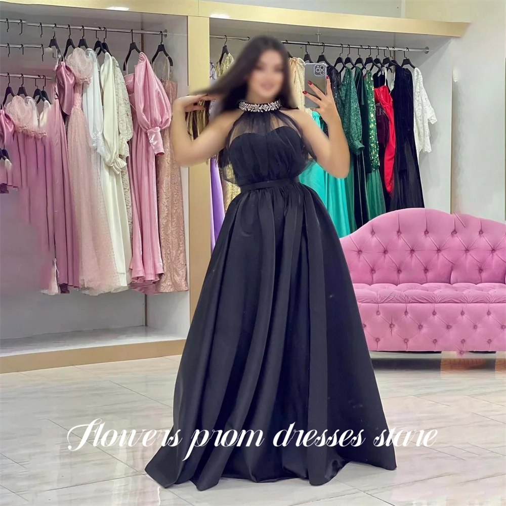 

Flowers Navy Blue Evening Dress Halter Neck Sleeveless Formal Gown A Line Satin Night Dresses Crystal Prom Dresses Customized