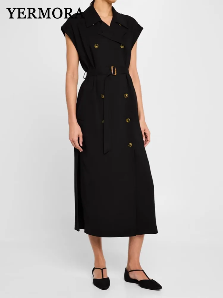 

YERMORA Women Black Double Breasted Belted Casual Dress Lapel Sleeveless Loose New Sundress Fsahion Tide Spring Summer 2025