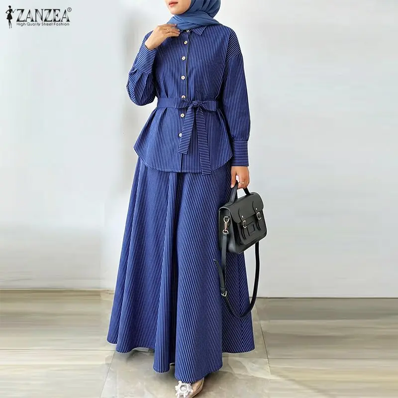 ZANZEA Modische Muslimische 2-Teilige Sets Ramadan-Outfits Damen Hemdkleid mit Revers und Langen Ärmeln Elegante Gestreifte OL Arbeitskleidung Rock-Anzug