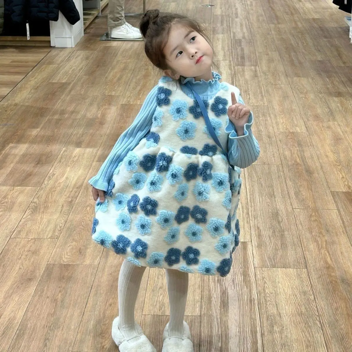 Winter New Girl's Ear Edge Sweater Flower Plus Velvet Vest Dress Baby Girl Western Winter Skirt Princess Style