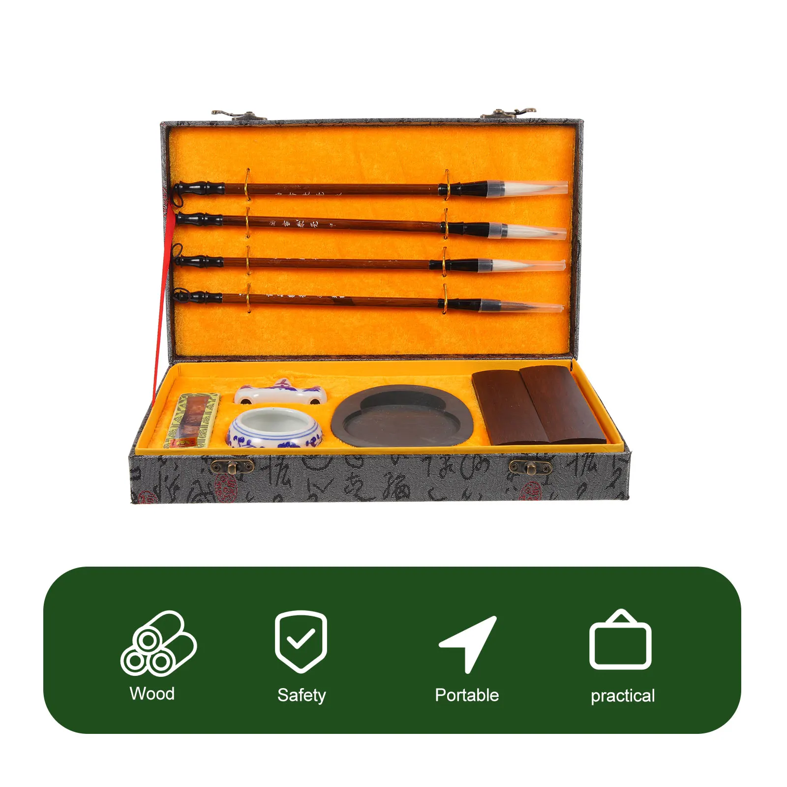 ชุดอุปกรณ์เขียนพู่กันแบบพกพา 1 ชุด ประกอบด้วยแปรงพู่กัน หมึก หินหมึก และแท่งสำหรับฝึกเขียน เหมาะสำหรับนักเรียน ใช้สำหรับเครื่องเขียนและงานศิลปะ