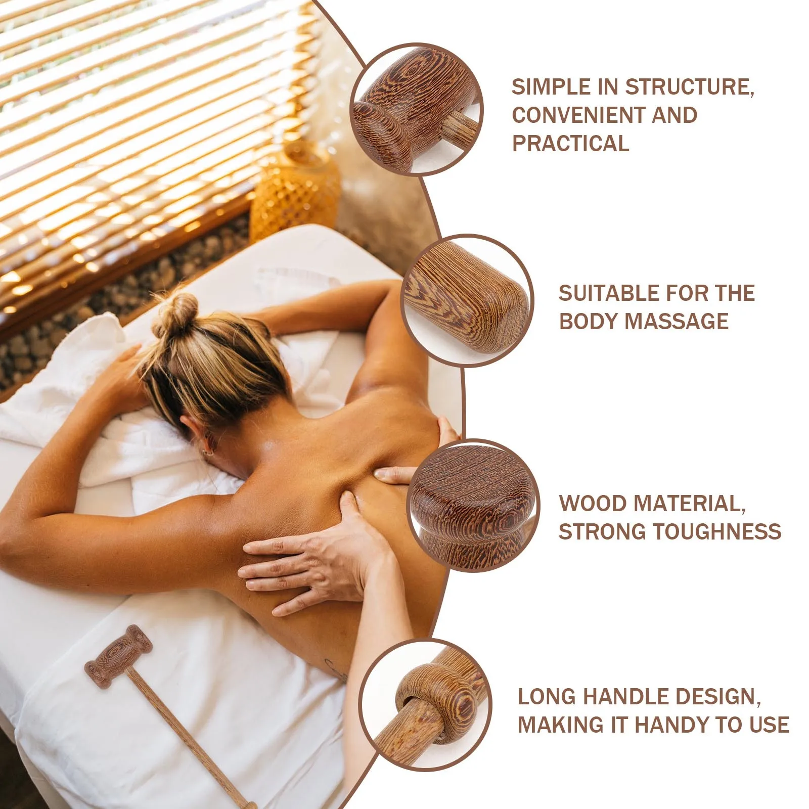

1Pcs Wooden Massager Hammer Long Handle Handheld Body Massager Tool for Neck Waist Back Legs Improve Metabolism Relaxation