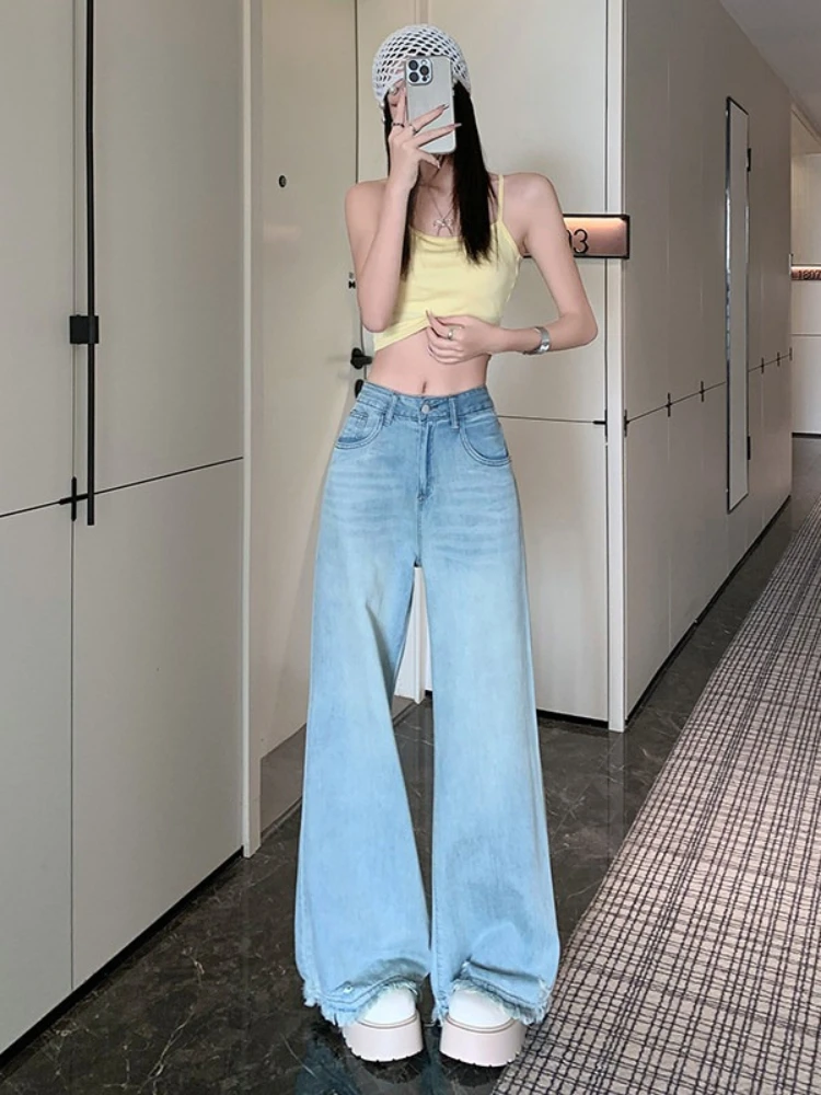

Fashionable and versatile jeans women in summer new slim fit high waist straight leg and fringed design wide leg pants
