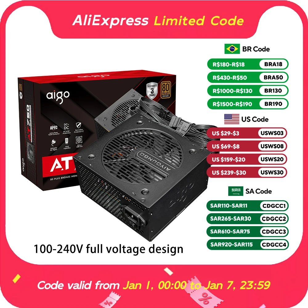 Aigo AT Power Supply  550W 650W 750W PC 120mm Fan 100-240V Full Voltage Design 80Plus ATX Desktop Diy Gamer Computer Fonte Psu