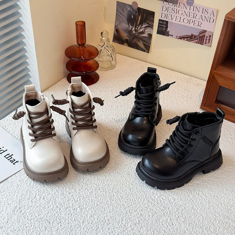 Autumn Winter Boys Girls Boots British Retro Short PU Leather Boots Children Soft-soled Snow Boot Kid Warm Work Boot Casual Shoe