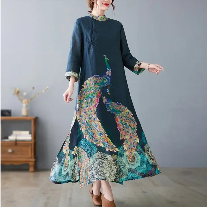 

Ethnic Style Cotton Linen Cheongsam Women Dresses Peacock Print Long China Traditional Elegant Chinese Style Vintage Qipao New