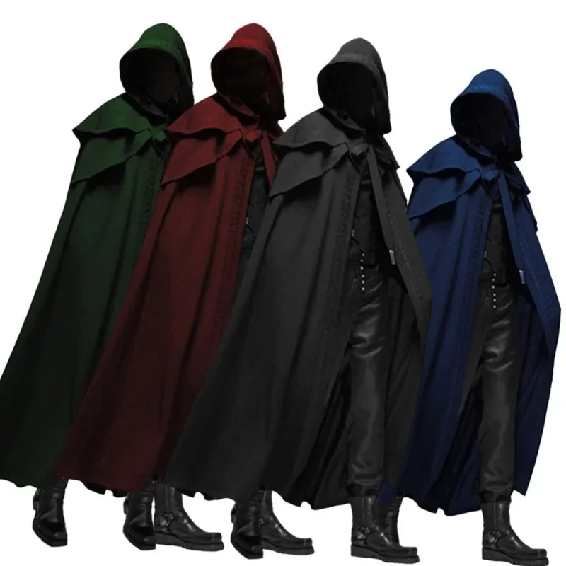 Halloween medievale vintage con cappuccio allentato mantello nero cappotti antivento trench chic inverno lungo mantello poncho gotico uomo monaco cosplay