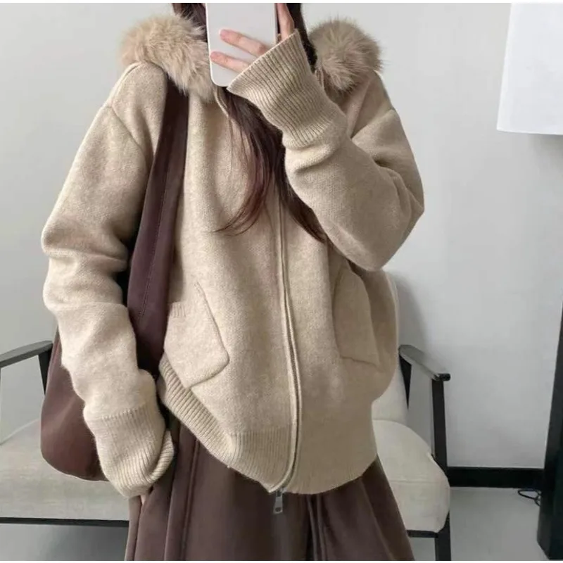 Loose Hooded Knitted Cardigan Sweater Large Fur Collar Jacket Women's Removable Lazy Wind Korean Foreign Clothes