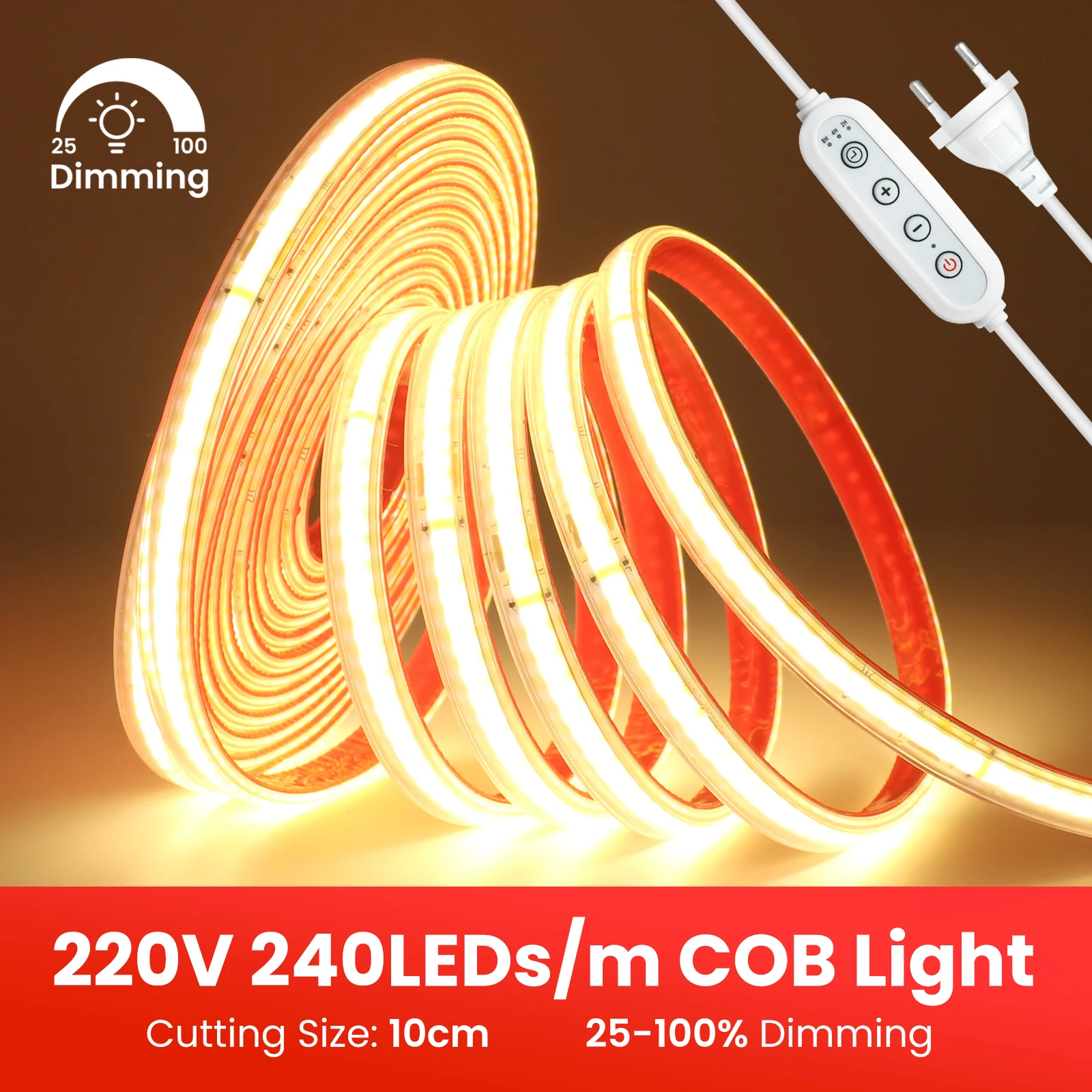 220V COB LED Strip With Adhesive Tape Dimmable Power EU Plug 240LEDs/m Waterproof LED Neon Lights 10cm Cuttable COB Light Strip view 2