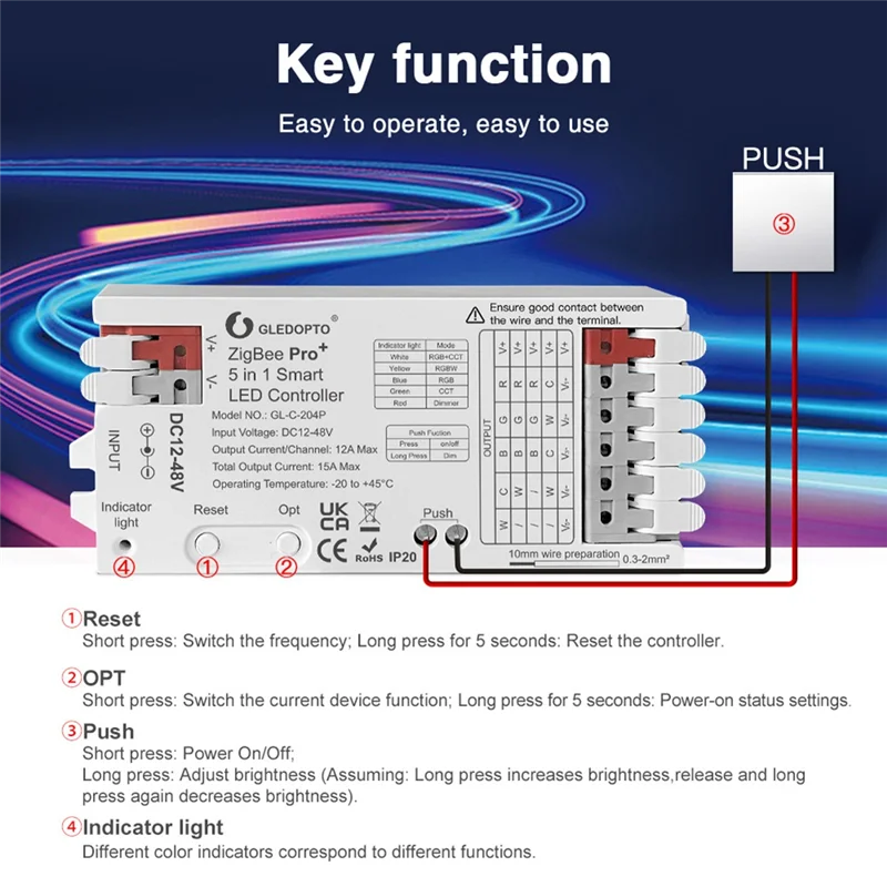 ABWP-GLEDOPTO Light Strip Controller Zigbee Light Strip Controller GL-C-204P 12-48V Zigbee+2.4G RF Compatible With HA