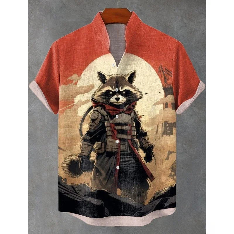 Men's Japan Sunset Raccoon Samurai Art Short Sleeve Linen Blend Shirt Cool Fox Blouses Summer Stand Collar Shirts Hawaiian Tops