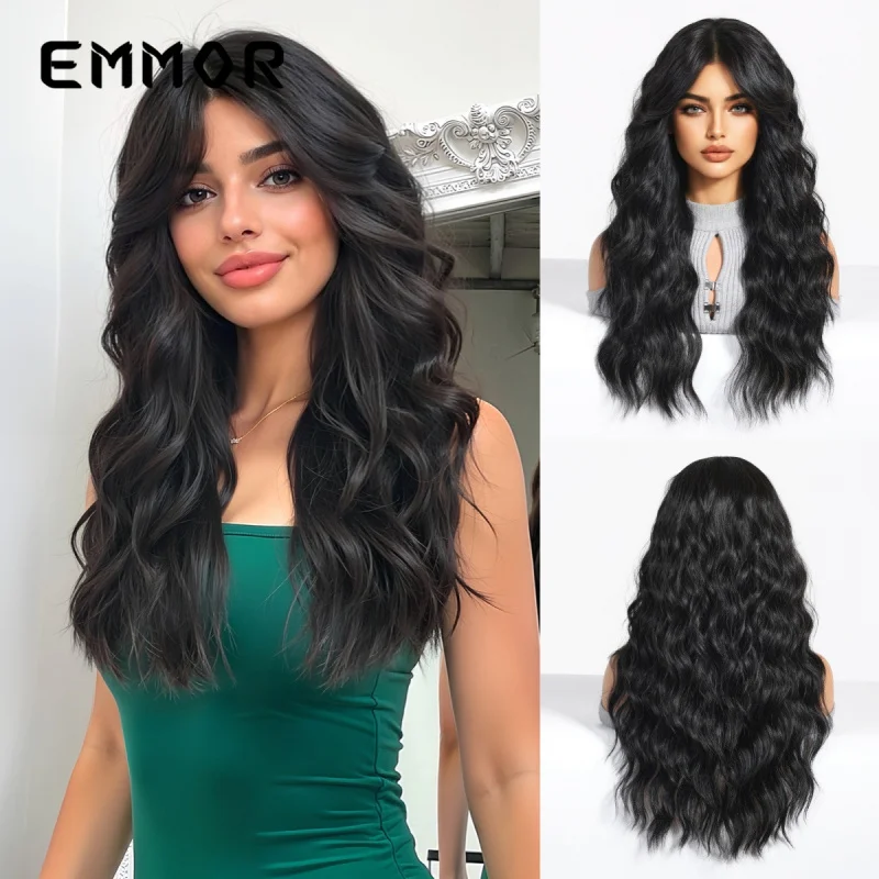 秋冬新作ウールバングスブラックロングカールヘアナチュラルファッションフルヘッドウィッグヘアスタイル