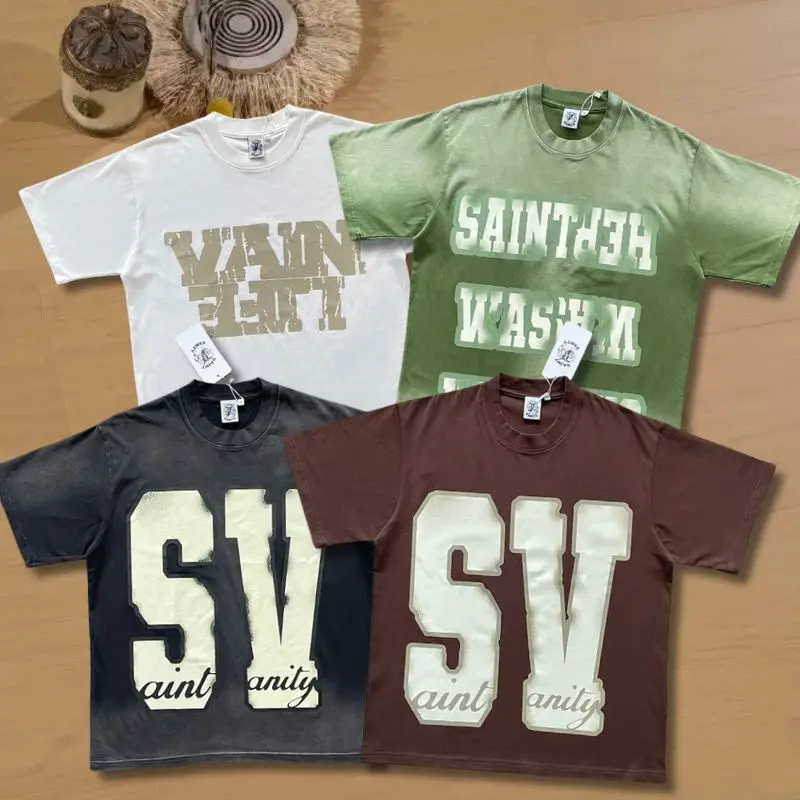 

25ss летние футболки SAINT VANITY, зеленые потертые футболки с принтом тай-дай, хлопковые топы с круглым вырезом и короткими рукавами, повседневные мужские и женские топы