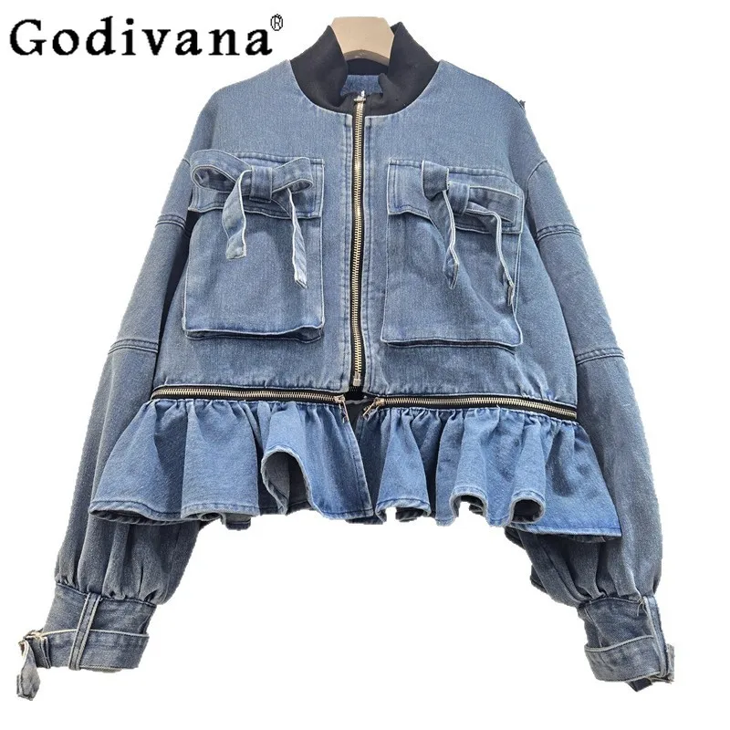 European Heavy Industry Three-dimensional Bow Sweet Ruffles Loose Denim Jacket Spring Autumn Stand Collar Long Sleeve Blue Top